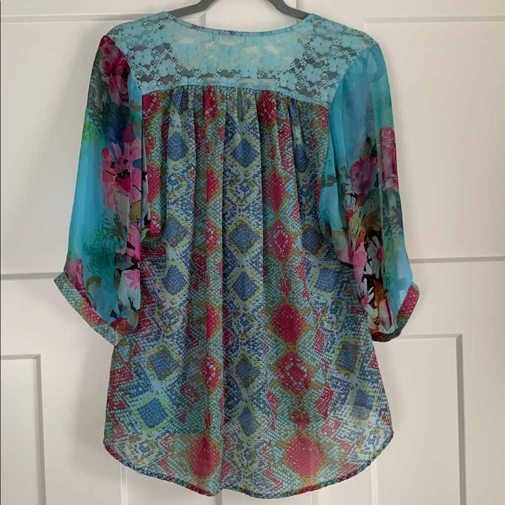 {Dress Barn} Vibrant Floral Sheer Blue & Pink - Picture 5 of 5
